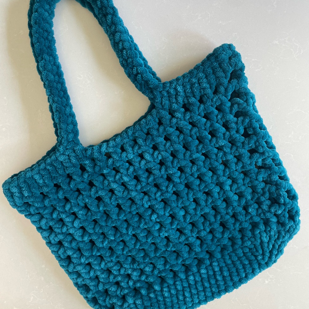 Teal Handmade Crochet Large Plush Tote Bag